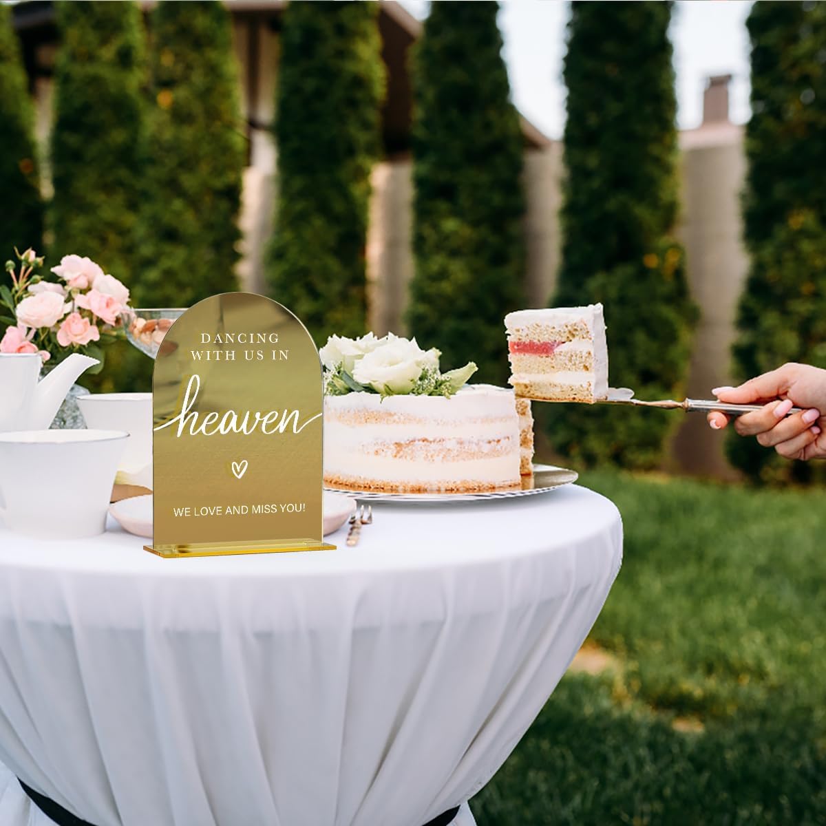 Acrylic Wedding Sign, Bridal Shower Decorations, Dancing With Us in Heaven Sign for Ceremony, Modern Font Table Signs, Gold Mirror Arched Acrylic Tabletop Signs for Wedding Reception and Event Party