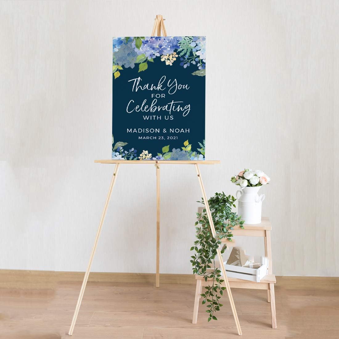 Andaz Press Personalized Extra Large Wedding Easel Board Party Sign, 12x18-inch, Baby Blue Hydrangea Floral Flowers on Navy, Thank You for Celebrating With Us Bride Groom Name Date, 1-Pack, Custom