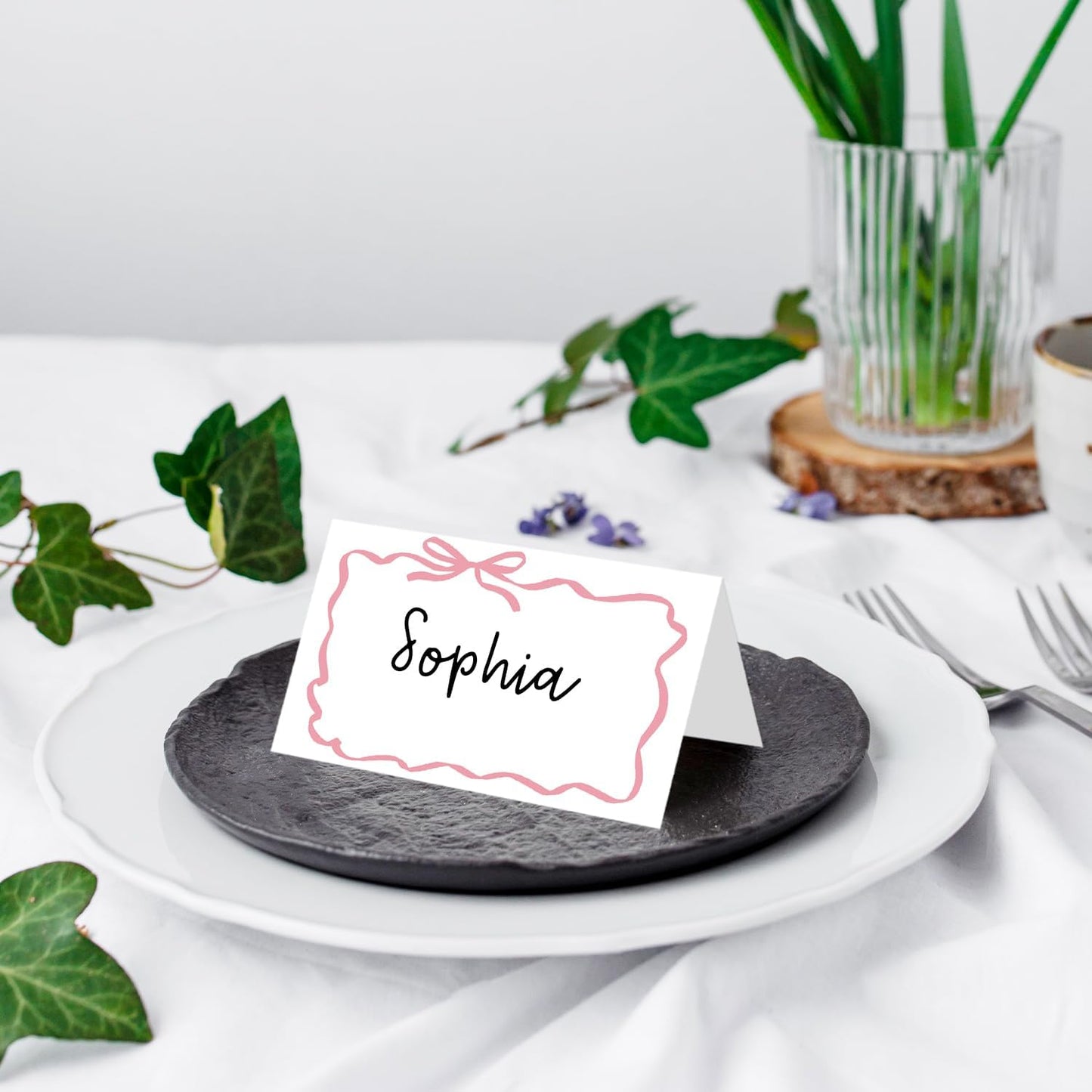 25 Pack Pink Bow Wave Place Cards, Editable Name Cards for Table Setting, Tent Cards Food Label for Dinner Party, Bridal Shower, Wedding, Baby Shower and Events -T14