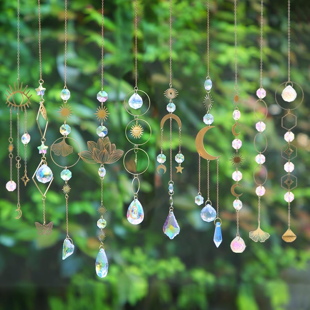 Sun Catchers, 10 Pieces Colorful Crystal Suncatcher with Chain Pendant Ornaments Hanging Crystals Prism Rainbow Maker for Windows Indoor Outdoor Car Mirror Garden Decor Wedding Party Xmas Gift