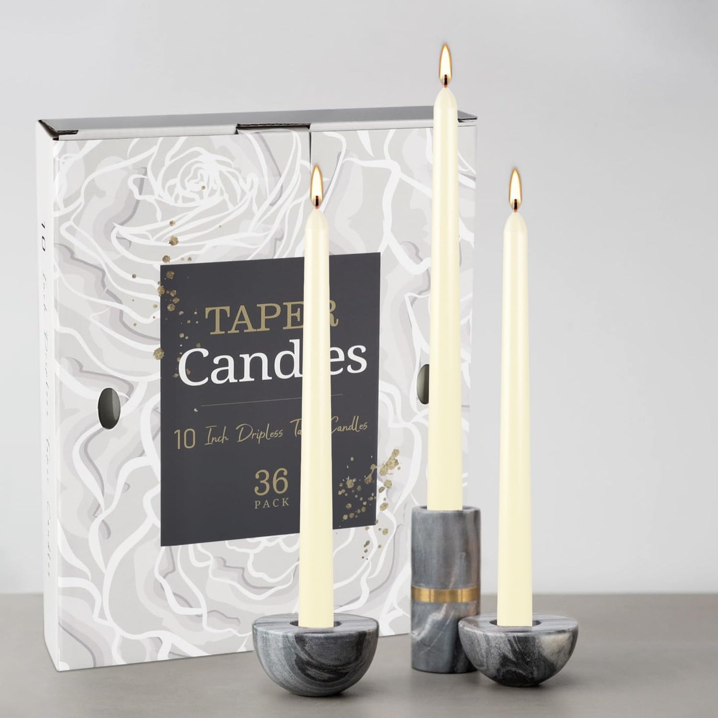 36 Pack Ivory White Taper Candles, 7-8 Hours Burn Time, Unscented, Smokeless and Dripless, 0.8 x 10 Inch Dinner Candle Set for Household, Wedding, Party and Home Décor Candlesticks