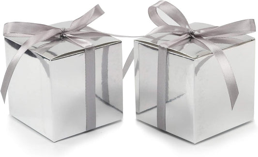 COTOPHER 60pcs Wedding Favor Boxes, Paper Gift Boxes 3x3x3 Inches Small Gift Boxes with Ribbons Small Boxes for Gifts, Crafting, Cupcake, Candy, Bridesmaid Proposal Boxes (Metallic Silver)