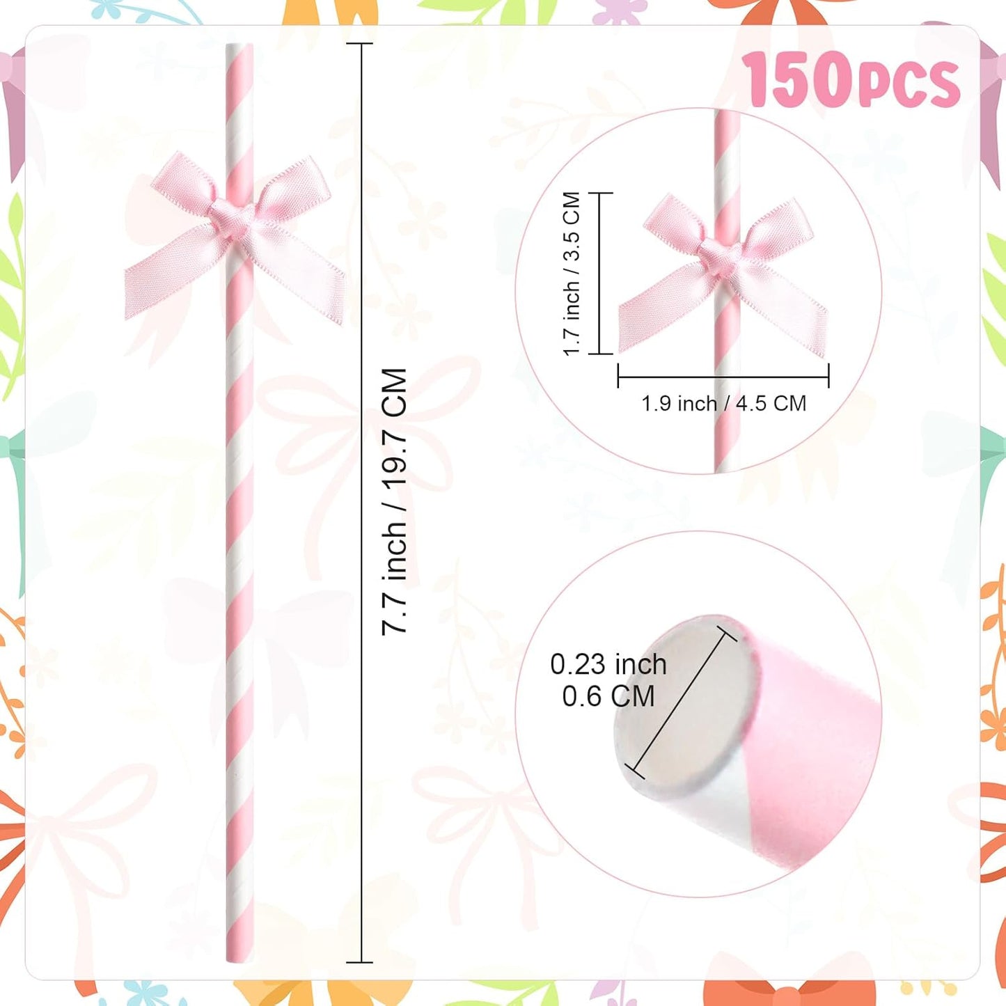 150 Pcs Pink Paper Straws for Drinking, Bow Disposable Striped Paper Straws Bulk Pink Theme Birthday Party Supplies for Wedding Cake Decorations Bachelorette Baby Shower
