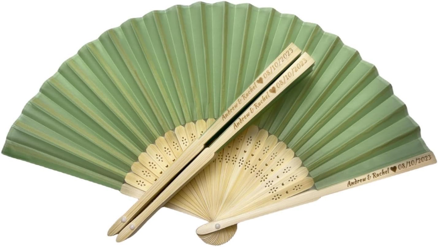 Personalized Wedding Fans Handheld Folding Fans (40Pcs) - Custom Engraved Green Silk Fans for Bridal Shower Favor/Baby Shower Favor, Birthdays Party Gifts/Gifts for Party Guests