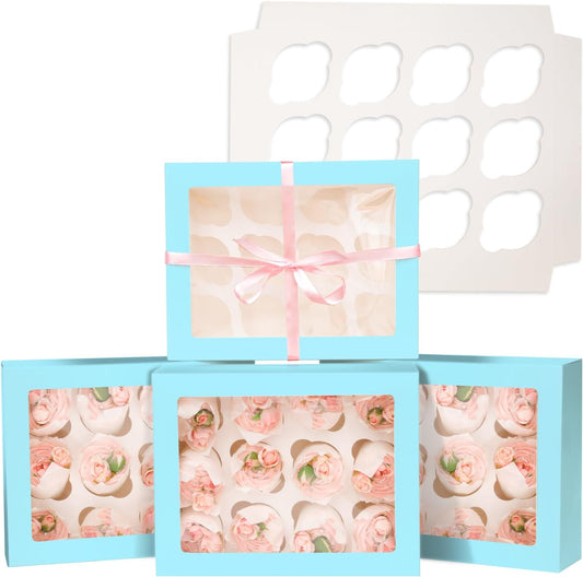 12 Cupcake Containers 10-Packs Light Blue Cupcake Box Cupcakes Carrier, 12 Cupcake Boxes with Window 13"x10"x3.5"（Auto-pop up）