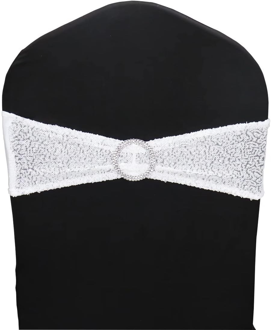 Sequin Chair Sashes Stretch Chair Bands Spandex Polyester Bows for Party Hotel Wedding Banquets Decoration - 6 Pcs White