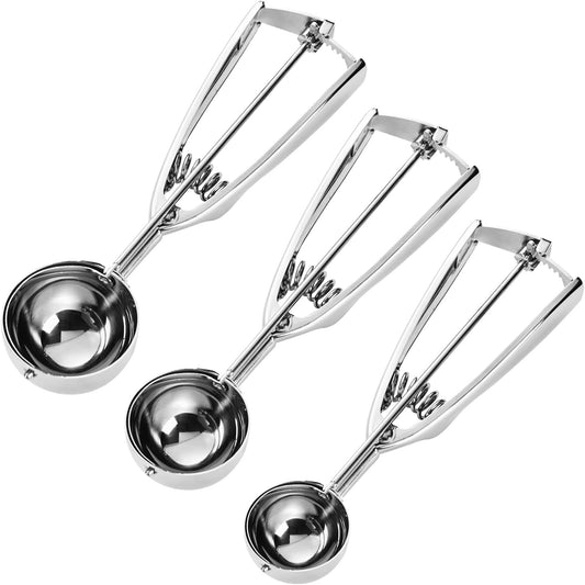 Cookie Scoop Set, Cookie Scoops for Baking Set of 3, Cookie Dough Scoops, Silver, Include Large/Medium/Small, for Cookies, Ice Cream, Muffin, Cupcakes, Truffles, Mashed Potatoes