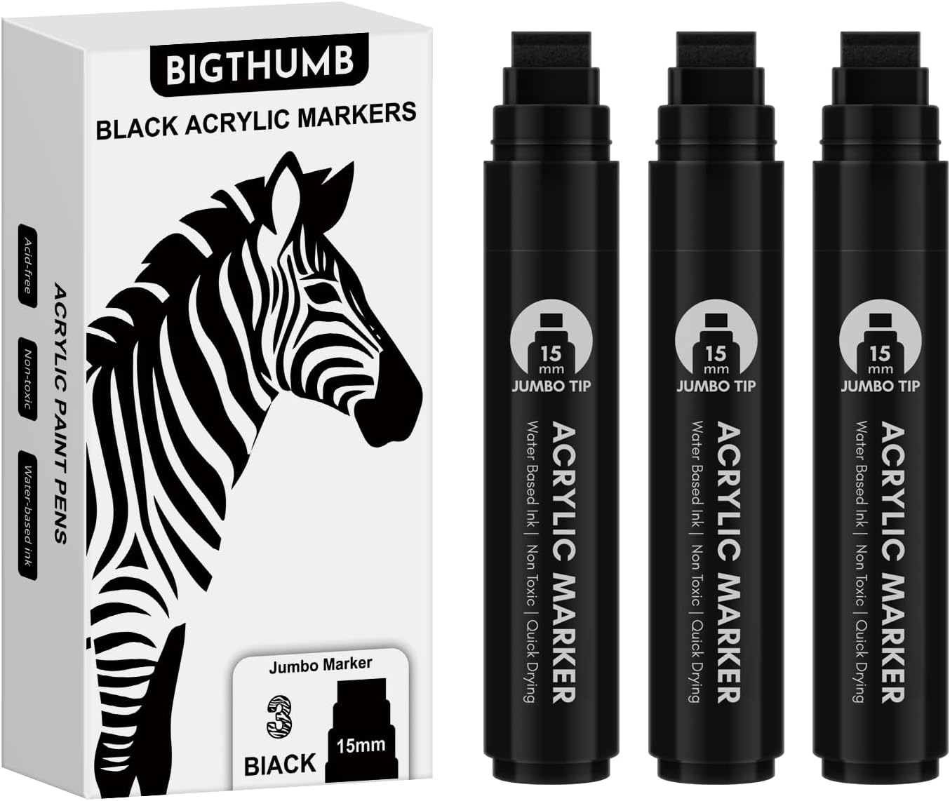 3 Pcs Black Jumbo Permanent Markers: 15mm Wide Tip Thick Acrylic Paint Pen Large Calligraphy Marker for Rock Painting, Poster, Sign, Canvas, Glass, Wood, Ceramic