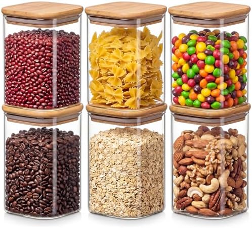 6-Pack 1.2Qt Square Glass Storage Jars with Bamboo Lids by Unknown