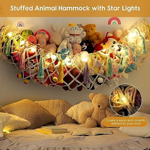 Stuffed Animal Net or Hammock, Large Stuffed Animal Storage Macrame Toy Hammock Hanging Corner Net for Stuffed Animals, Plushie Net Hammock with Star Lights for Boho Kids Room Nursery Playroom Decor - Image 2