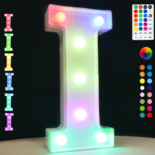 Light Up Colorful LED Marquee Letter lights, 18 Colors Changing Alphabet Letters Sign with Remote Timer for Night Light Girls Bedroom Wedding Birthday Party Lamp Christmas Home Bar Decor- Colorful I