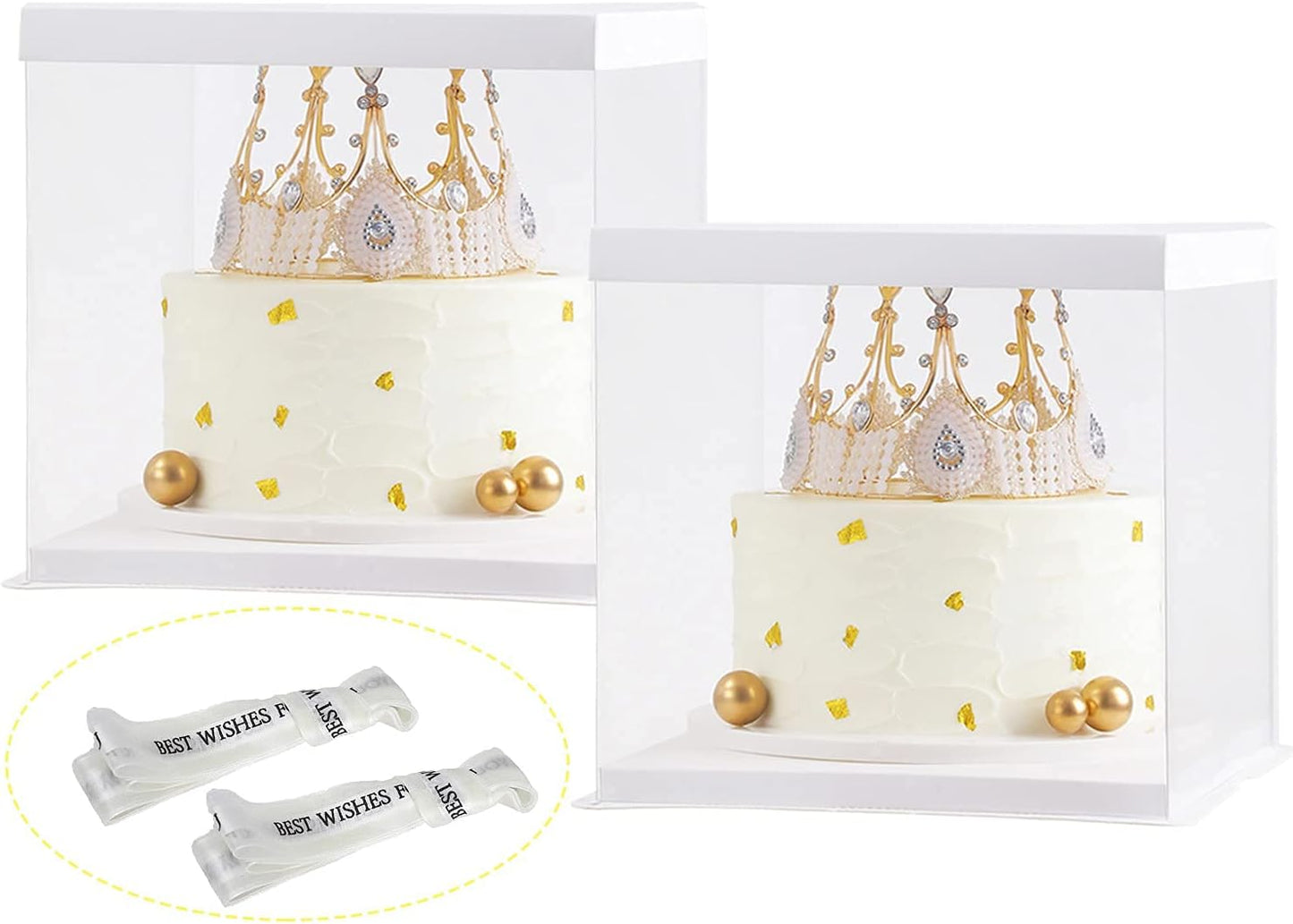 XININSUN 2Pcs Large Cake PET Clear Box, 10" X 10" X 9" with ribbon and pre-folded lid, for 8" cake packing carry, baking cookie display, Carry Tall Layer Gift, Festive Gift Box -White