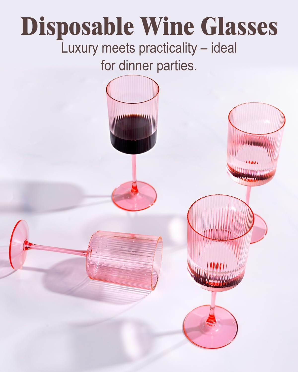 Ciaell 12 PCS Pink Plastic Ribbed Wine Glasses - 10 OZ Plastic Square Wine Glasses with Stem - Disposable Champagne Cups for Parties & Weddings & Party