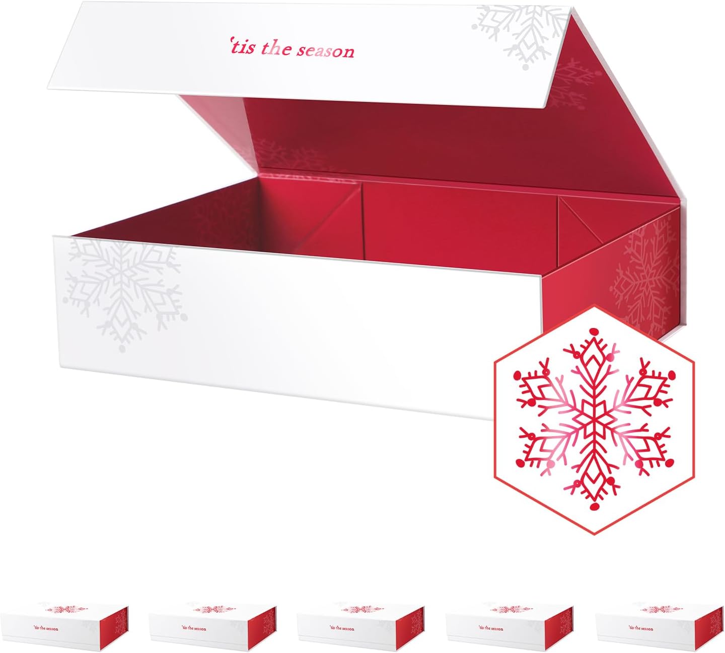 PACKHOME 6 Christmas Gift Boxes 13x9.7x3.4 Inches, Large Gift Boxes with Lids, Sturdy Shirt Boxes with Magnetic Lids for Wrapping Gifts (Red Snowflake Pattern)