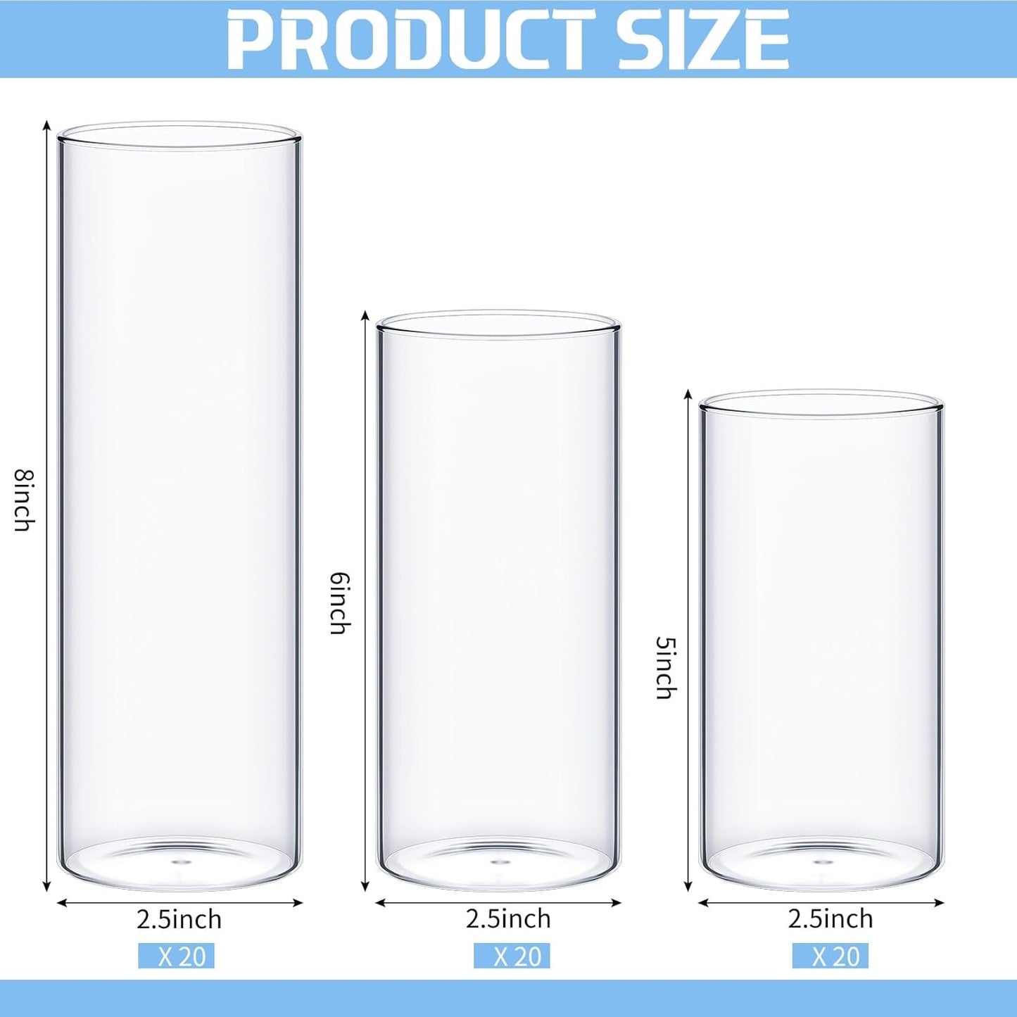 Sawysine 60 Pcs Glass Cylinder Vases 2.5''/2.95''/3.9'' Diameter Clear Flowers Vase Hurricane Floating Candles Holders for Table Centerpieces (2.5 x 5 in,2.5 x 6 in,2.5 x 8 in)