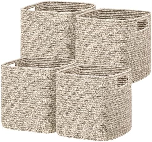 UBBCARE Set of 4 Storage Basket-13 X 13 X 13 in, Cotton Rope Baskets for Shelves, Toys, Book, Cube Storage Bins with Handles, Woven Storage Basket for Organizing, Mix-Brown by UBBCARE