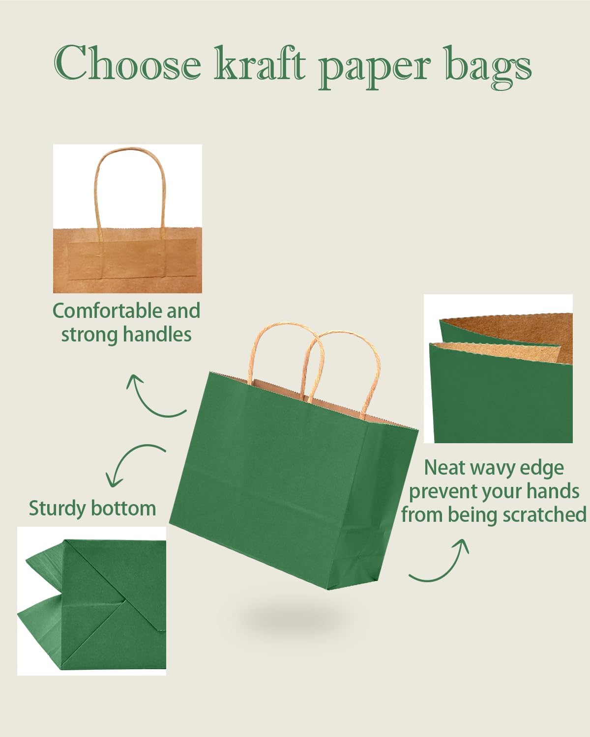 qiqee 100PCS Large Gift Bag with Handles Bulk 13"x4.5"x10" Gift Bags Kraft Deep Green Multiple Uses (32x11x25cm,Wide Large)