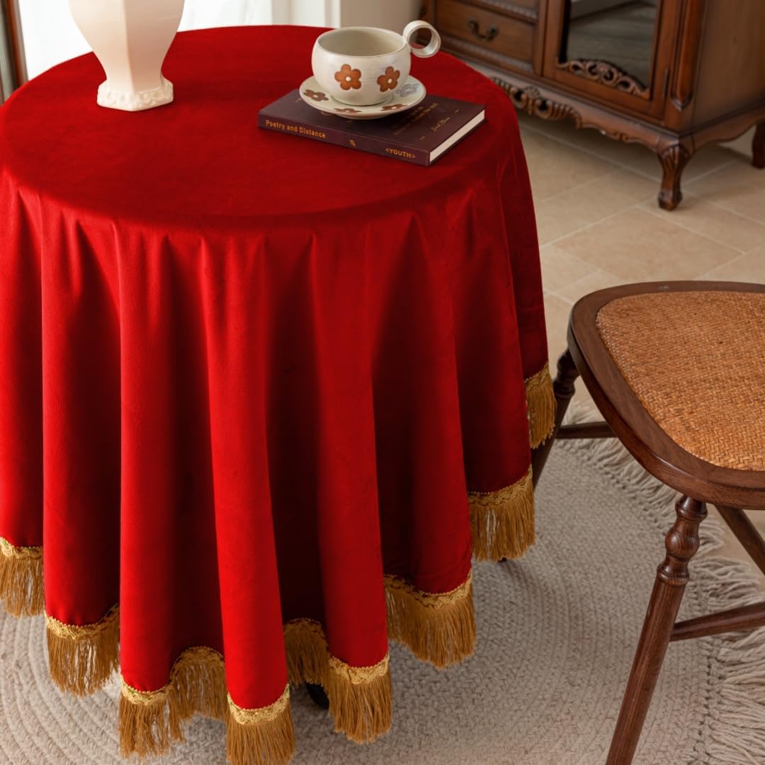 F-CHU Red Tablecloth Thickset Velvet Tablecloth with Beautiful Gold Tassels Vintage Table Cloth for Home Decor Wedding, Party, Banquet and Events 60" Round