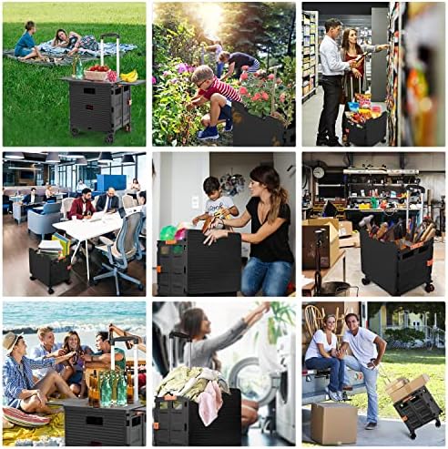 Foldable Utility Cart Collapsible Portable Crate Rolling Carts with Wheels Tote Basket with Magnetic Lid Telescopic Cover Wear-Resistant 360°Rotate Wheel Noiseless for Shopping Storage Office Use - Image 4