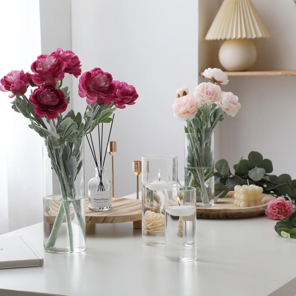 Set of 12 Pcs Glass Cylinder Vases for Centerpieces with 18 Pcs White Floating Candles for Centerpieces Glass Candle Holder for Table Shelf Wedding Party Home Decor (4"+6"+8"+10")