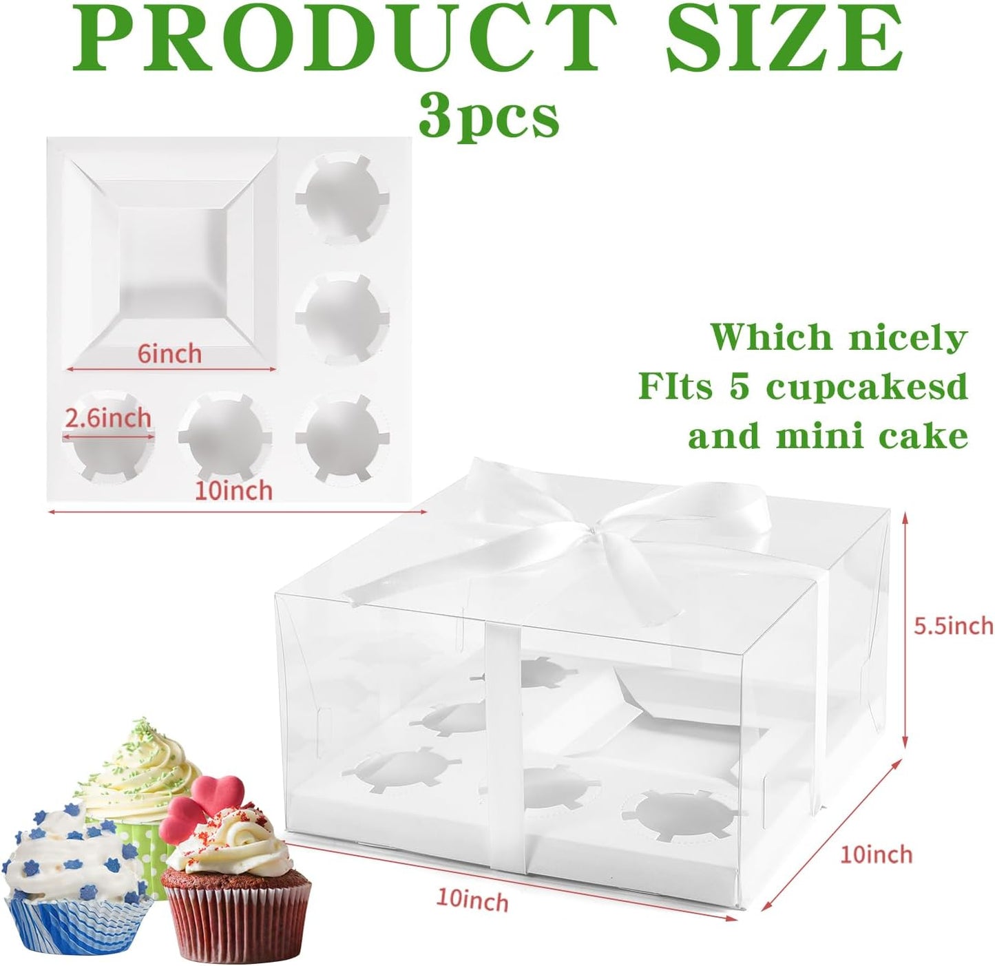 JCD 3 Packs Cake Cupcakes Combo Box 1+5 Cupcake Containers with Gift Ribbon Bento Clear Boxes (5 Cupcakes with Cake)(1+5/3Pcs)