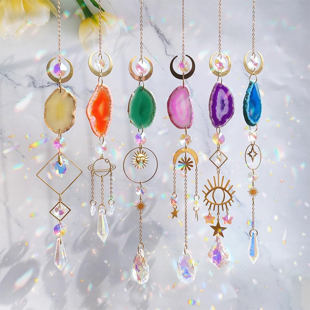 Sun Catcher, 6 pcs Sun Catchers with Crystals Prism Agate Slices Bulk Outdoor Garden Indoor Hanging Decor for Home Car Window Christmas Party Wedding Gift