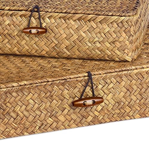 Set of 2 Flat Seagrass Storage Bins with Lid Wicker Storage Baskets for Organizing, Woven Shelf Organizer Bins Home Utility Organizer Box for Home & Office Supplies (Caramel) - Image 3