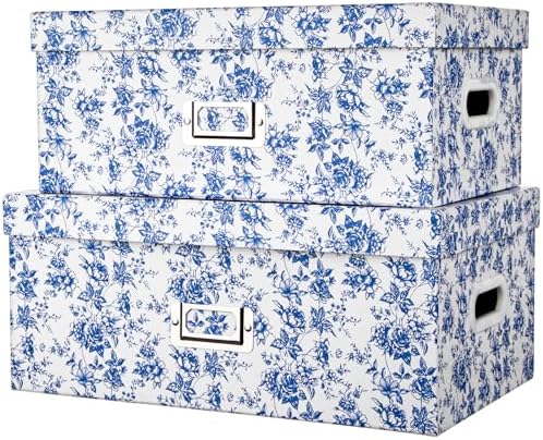 Briful Set of 2 Blue and White Porcelain-Style Storage Boxes with Lids – Elegant Floral Nesting Organizer Bins, 14'' + 13'' Set Decorative Cardboard Gift Boxes for Home or Office Use by Briful