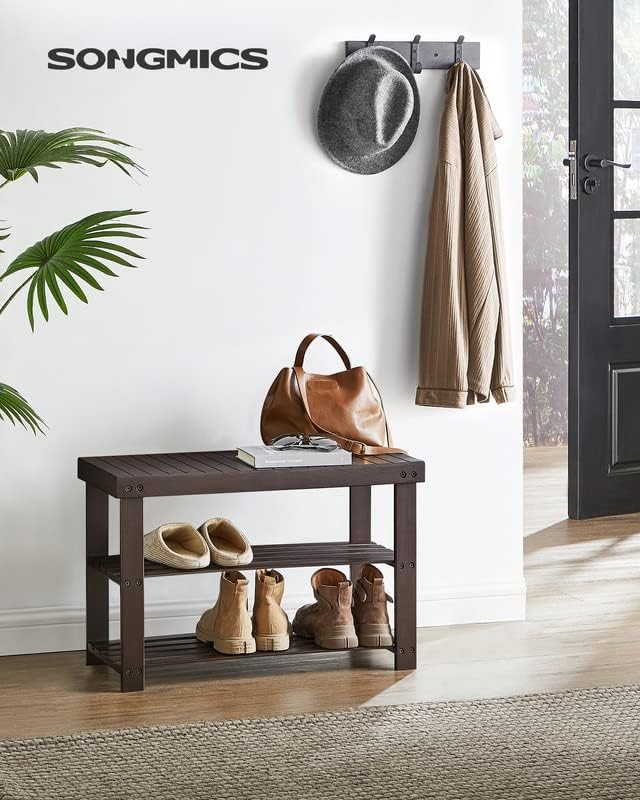 SONGMICS Shoe Rack Bench, 3-Tier Bamboo Shoe Storage Organizer, Entryway Bench, Holds Up to 286 lb, 11.3 x 27.6 x 17.8 Inches, for Entryway Bathroom Bedroom, Brown ULBS04Z - Image 2