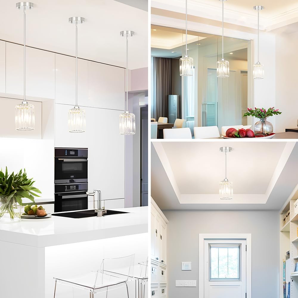 Chrome Kitchen Pendant Lights Over Island with Adjustable Rods - Crystal Pendant Lighting Fixtures for Sloped Ceiling, Ideal Over Dining Table or Bar, E26 Bulb Compatible, No Electrician Needed