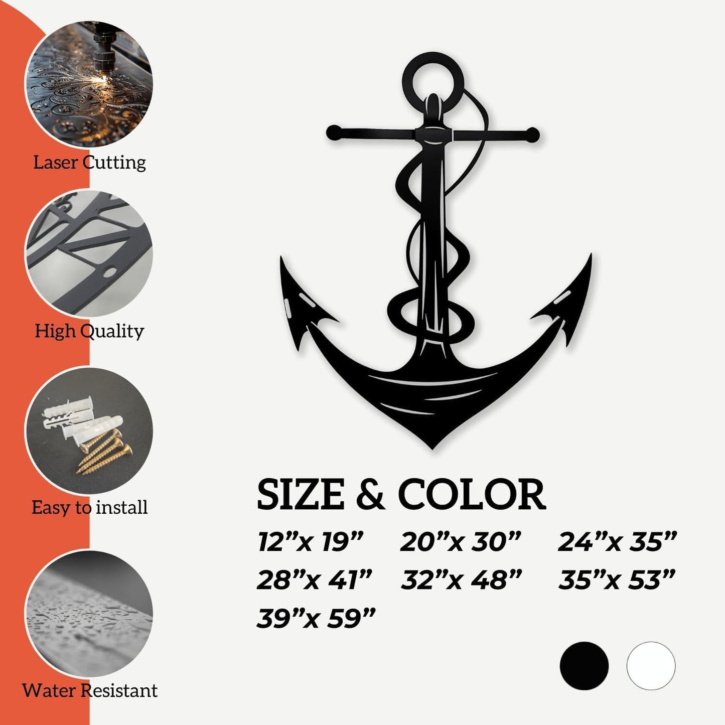 XXQ Anchor Metal Wall Decor, Anchor Metal Wall Art for Bedroom Living Room Dorm Antique Anchor Wall Decor Antique Metal Anchor Farmhouse Decor (Whhite, 12" x 19" / 31 x 47cm)