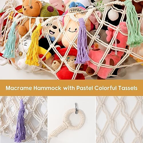 Stuffed Animal Net or Hammock, Large Stuffed Animal Storage Macrame Toy Hammock Hanging Corner Net for Stuffed Animals, Plushie Net Hammock with Star Lights for Boho Kids Room Nursery Playroom Decor - Image 5