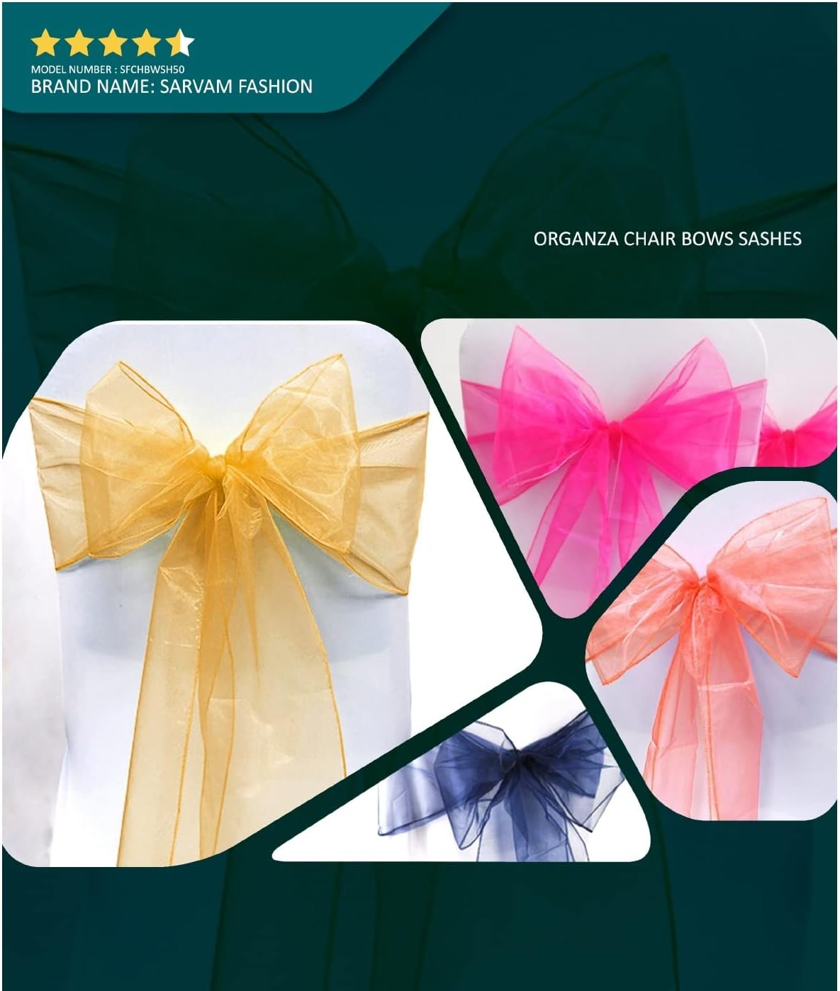 Organza Chair Bow Sash Décor Bows Sashes for Wedding Reception Events Banquets Decoration - (Pack of 25, Green)