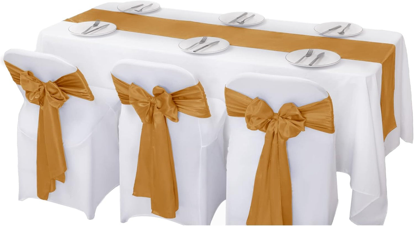 24Pack Table Runner 12 x 108 Inches Satin Silk Table Runner for Wedding, Birthday Party, Banquets, Graduations Decoration, fit Rectange and Round Table-Gold