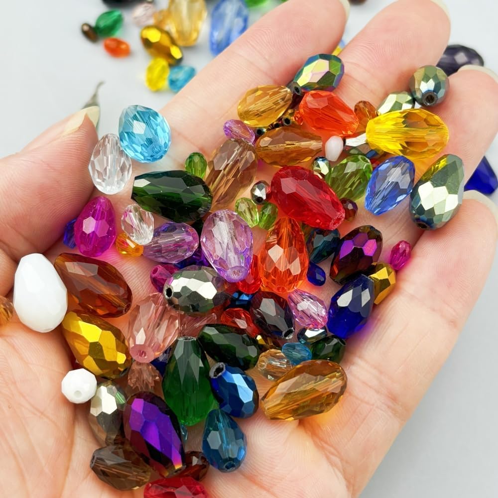130pcs 6x8mm Teardrop Crystal Glass Beads for Jewelry Making, Faceted Vertical Hole Teardrop Glass Spacer Beads for Wind Chimes Bracelet Earring Necklace DIY Craft(Grass Green)