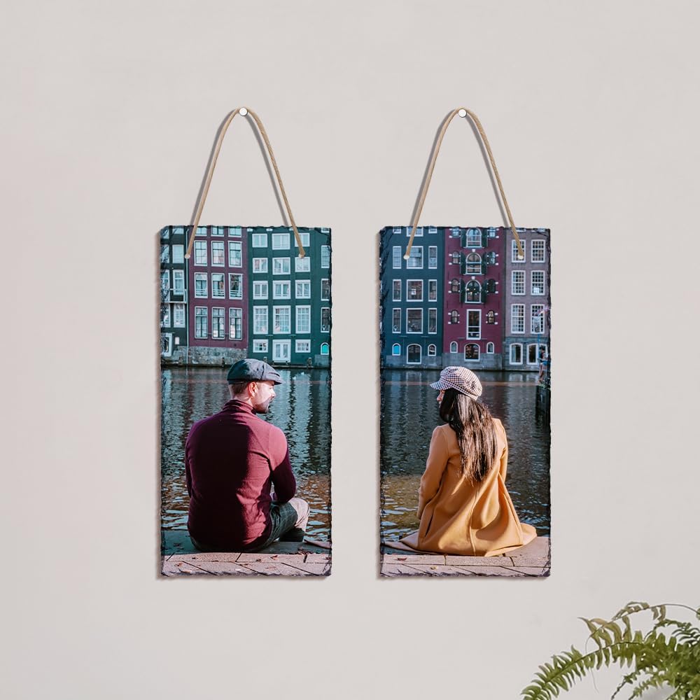 PYD Life 16 Pack Sublimation Hanging Photo Slates Rock Blanks 5.6" x 11.4" Bulk Stone Frames Wall Hanger with Rope for Home Decor, for Heat Press Transfer Printing