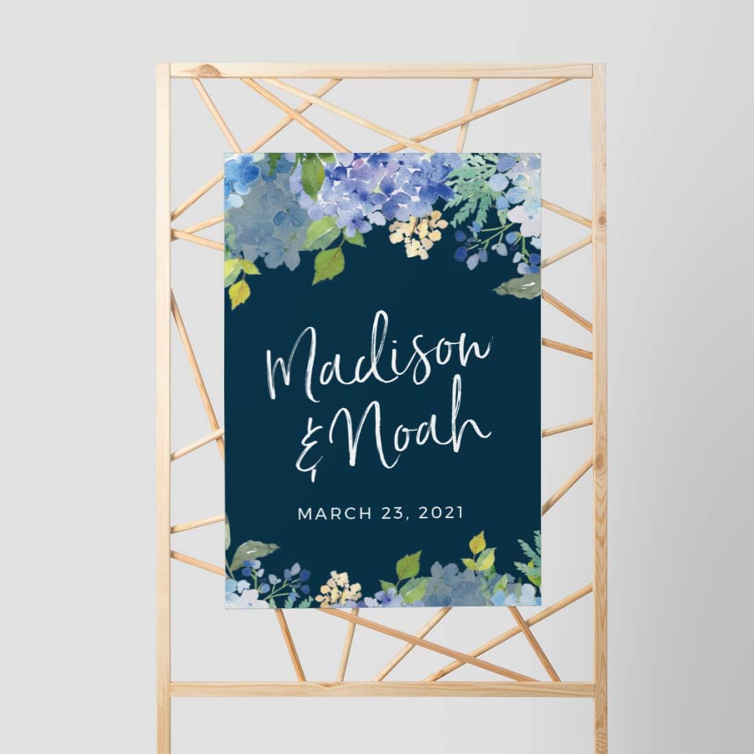 Andaz Press Personalized Extra Large Wedding Easel Board Party Sign, 12x18-inch, Baby Blue Hydrangea Floral Flowers on Navy Blue, Bride Groom Names and Date, 1-Pack, Custom