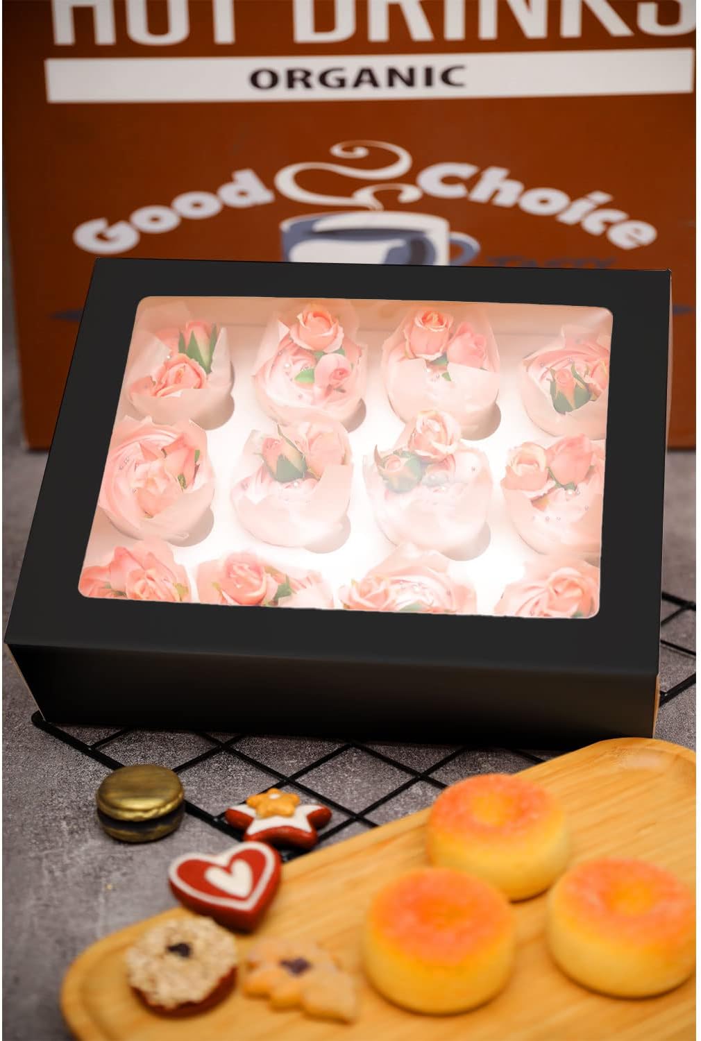 12 Cupcake Containers 10-Packs Black Cupcake Box Cupcakes Carrier, 12 Cupcake Boxes with Window 13"x10"x3.5"（Auto-pop up）