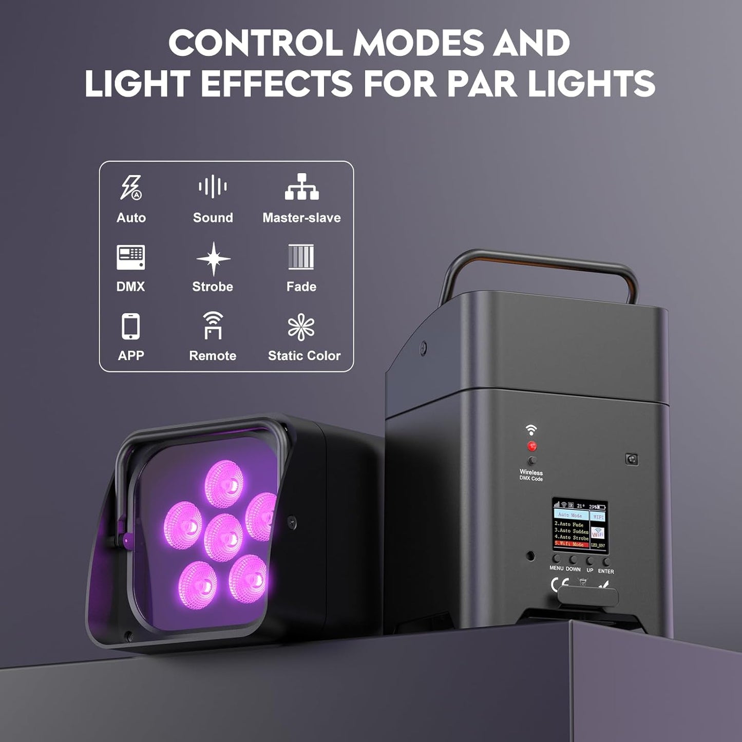 9600mAh Wireless Uplights, 6x18W RGBWA UV Stage Lights, APP/DMX512 Controlled Par Lights, Rechargeable Battery Powered Uplights for Show, 4 Pcs with Bag