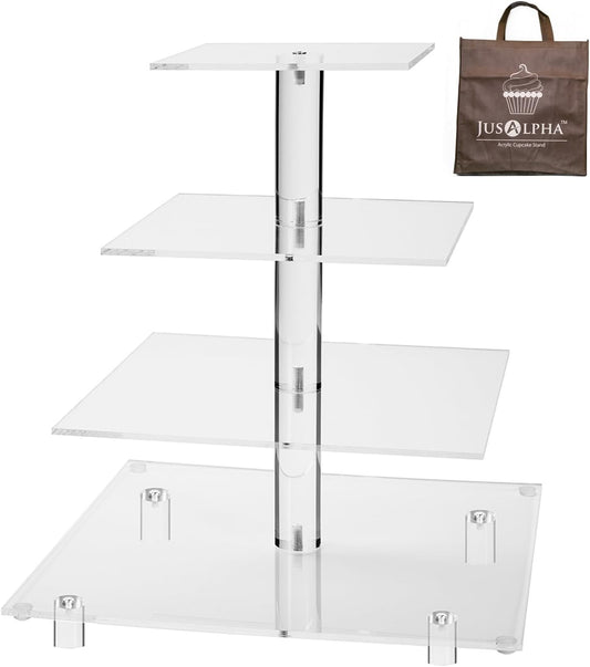 Jusalpha Large 4 Tier Cupcake Stand Square Acrylic Cupcake Tower Stand for Dessert, Pastry, Serving Platter-Candy Bar Party Décor and Supply(with Rod Feet) (4SF-V2)