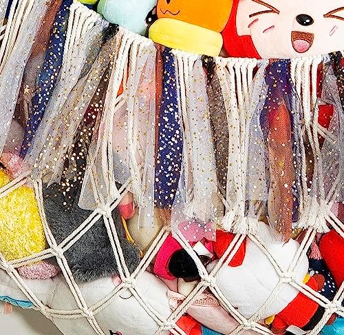 Large Stuffed Animal Net or Hammock with Light Wall Hanging Organizer for Kid Room Toy Storage Net Bedroom Playroom Plush Toy Holder-Cream - Image 4
