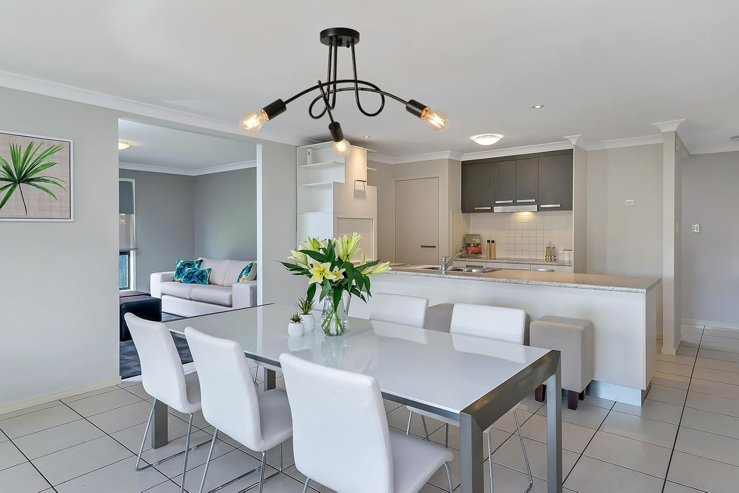 Modern Farmhouse Chandelier,22 Inch Black Metal Spiral Rustic Vintage Semi Flush Mounted Ceiling Light Fixture for Dining Room Bedroom Kitchen Island Hallway Foyer Entryway(3-Light)