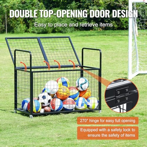 VEVOR Rolling Sports Ball Storage Cart, Lockable Basketball Cage with Double Lids, Sport Equipment Holder Organizer for Indoor Outdoor, Steel Storage Rack for Garages, Playgroup, Gym and Schools - Image 4