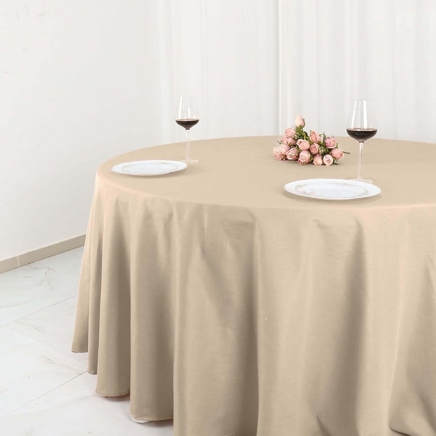 Efavormart Round Tablecloth, 132 Inch Stain & Wrinkle Resistant Washable Table Cloth, Decorative Polyester Fabric Table Cover for Banquet, Wedding, Dining- Nude Beige