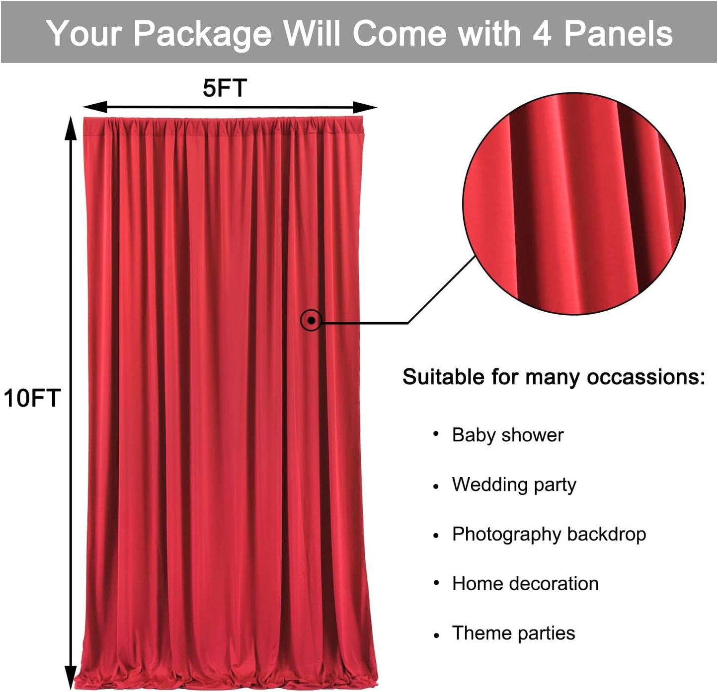 10 ft x 20 ft Wrinkle Free Red Backdrop Curtain for Parties, Polyester Photography Backdrop Drapes for Birthday Party Baby Shower, Thick Background Curtain for Backdrop Stand, 4 Panels 5 ft x 10 ft