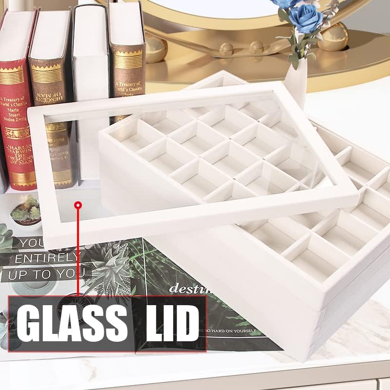 Coward Set of 5 Stackable Jewelry Organizer Tray Necklace Earring Box Storage Ring Bracelet Display Holder (beige(ring+necklace+12girds+24girds+The glass lid)) - Image 3