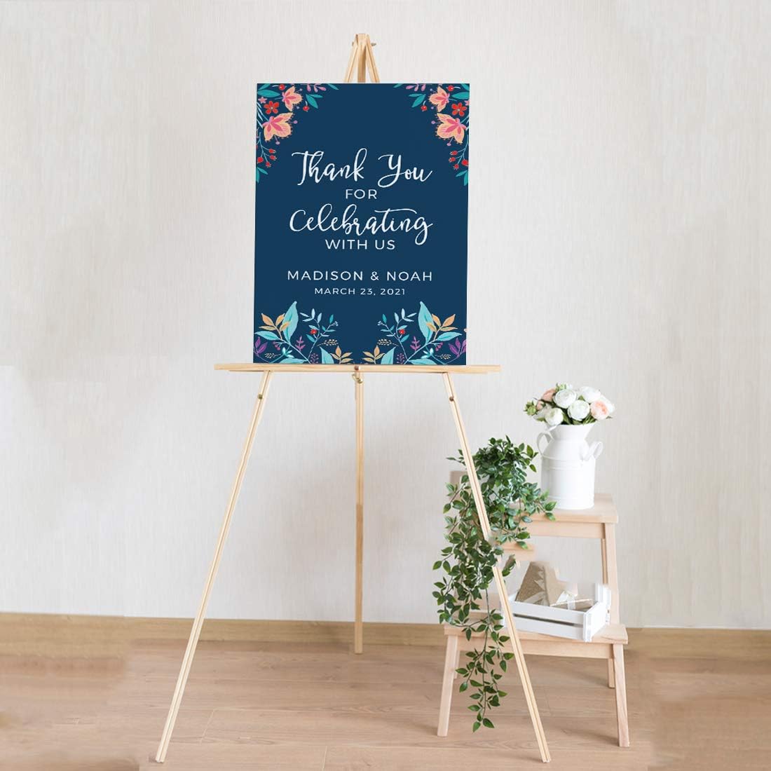 Andaz Press Personalized Extra Large Wedding Easel Board Party Sign, 12x18-inch, Vintage Bohemian Flowers on Navy Blue, Thank You for Celebrating With Us Bride Groom Name Date, 1-Pack, Custom