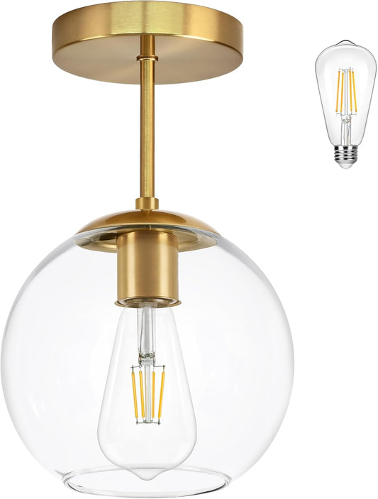 Gold Semi Flush Mount Ceiling Light Fixture with Clear Glass Light Fixture Mid Century Light Fixtures Gold Semi Flush Ceiling Light Fixtures for Dining Room Kitchen Island (Bulb Incl)