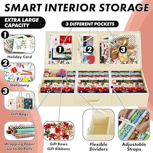 Simple Houseware 41.5" Wrapping Paper Organizer, Fits 40 Rolls, Beige - Image 4