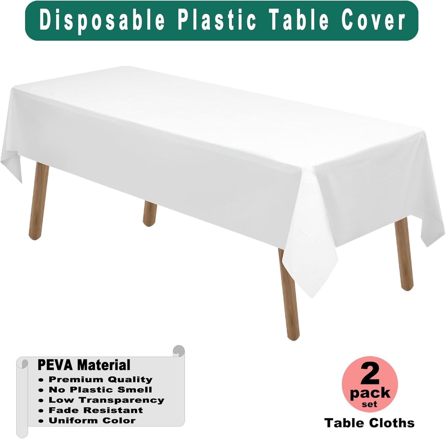 PARTY ULYJA White Plastic Tablecloths 2 Pack Disposable Table Covers 54 x 108 Inch Bridal Shower PEVA Vinyl Table Cloths for Picnic Birthday Wedding Banquet Parties 8 ft Rectangle Table Use
